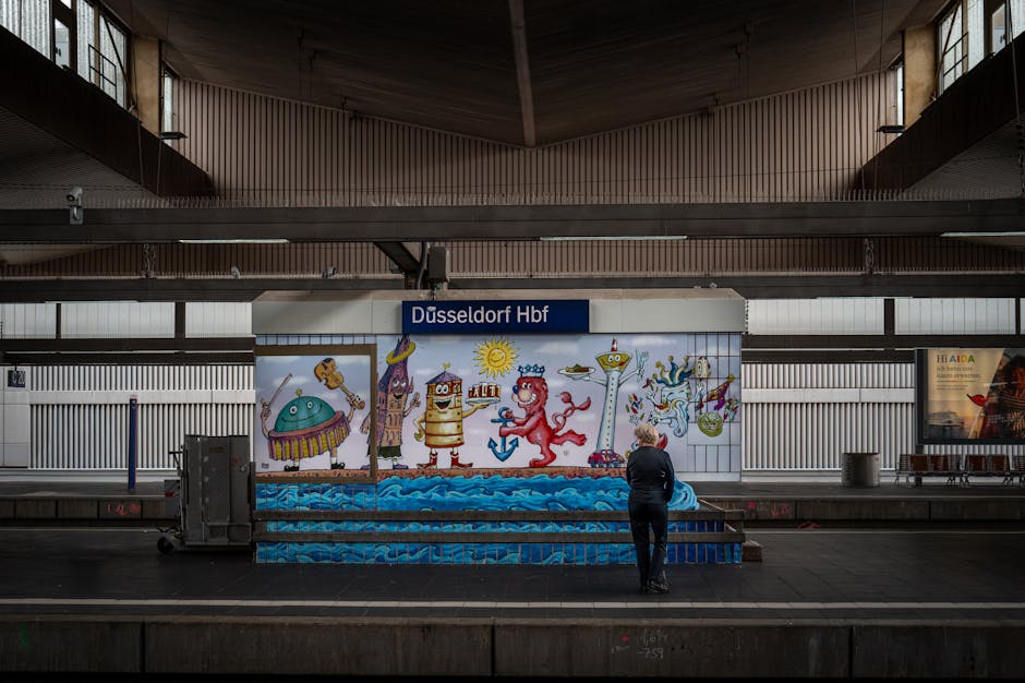 Colorful graffiti art decorates Düsseldorf Hbf train station platform.