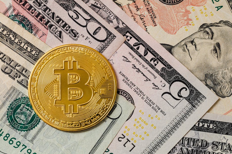 Close-up of a gold Bitcoin coin placed on various US dollar bills, illustrating digital currency concepts.