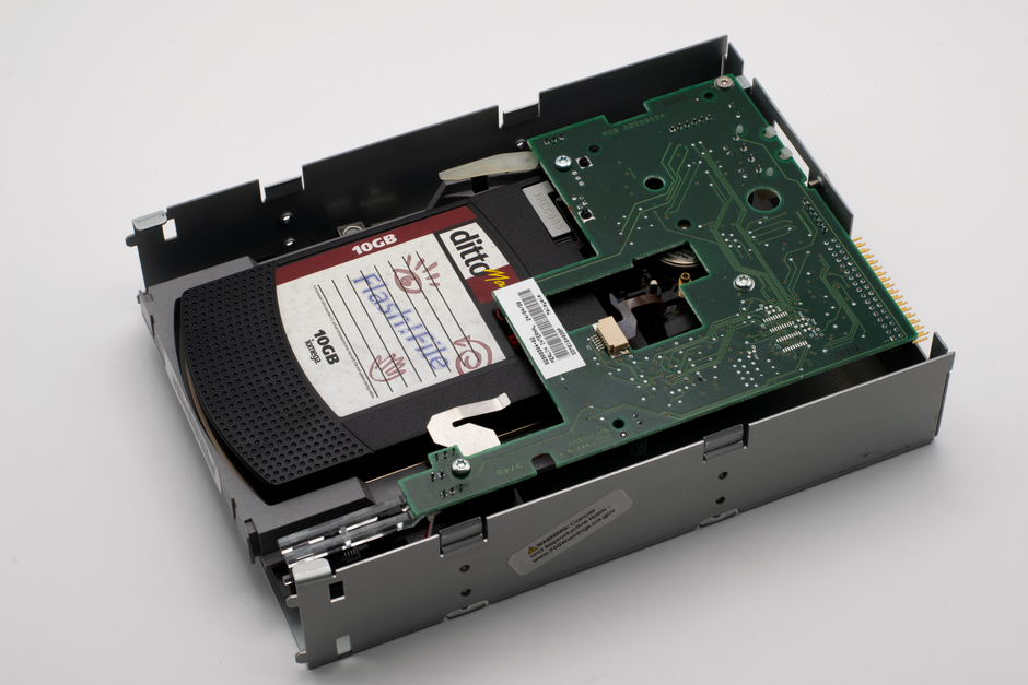 Close-up of a 10GB Ditto Max drive showcasing vintage data storage technology.